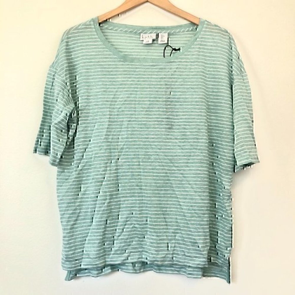 NEW NWT NICOLE MILLER Aqua Green White Stripe 100% Linen Boxy Short Sleeve Top S